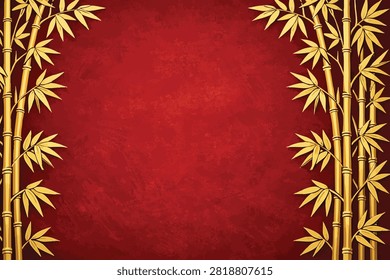 Chinese red background with golden bamboo frame, traditional Asian oriental style border for Lunar New Year or mid autumn festival card template