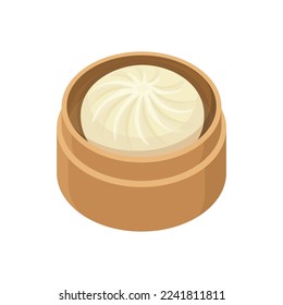 Chinese red bean bun in bamboo steamer set in flat detailed style. Isolated vector asian food dessert illustration