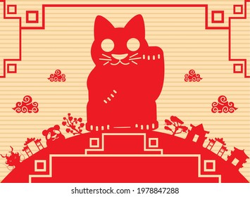 chinese red cat culture card