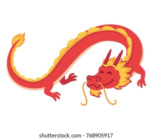 Chinese Red Dragon flying, cute cartoon vector illustration. Symbol of wisdom and good luck for New Year celebration.