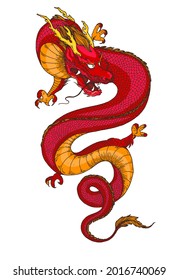 Chinese red dragon hand drawn vector illustration.  Tattoo print. Hand drawn sketch illustration for t-shirt print, fabric and other uses.