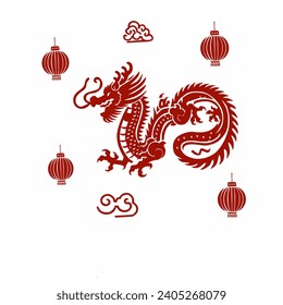 Chinese red dragon hand drawn illustration. Asian mythology serpent. Traditional oriental mystic red creature with gold ink outline. Legendary fantasy animal. Chinese New Year greeting card design