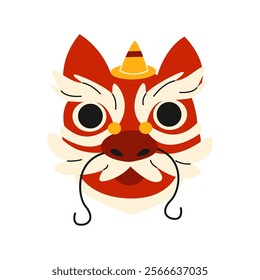 Chinese red dragon head, lunar new year. Bright traditional animal symbol of lunar year. Zodiac dragon with bonds, Asian mythical animal in cartoon doodle style.