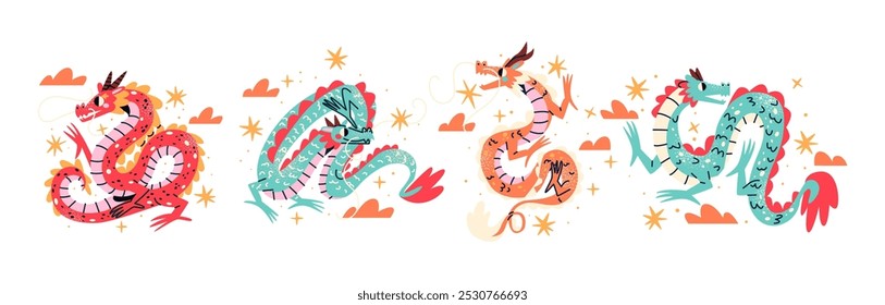 Dragones rojos chinos, año nuevo lunar. Brillante símbolo animal tradicional del año lunar. Dragón del zodiaco, animal mítico asiático en estilo doodle de dibujos animados.