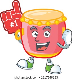 Chinese red drum mascot cartoon style holding a Foam finger