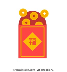 Chinese red envelope icon. Open red packet with coin dollars. 