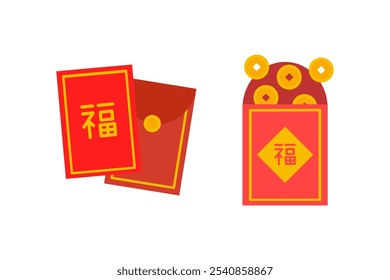 Conjunto de iconos de sobre rojo chino. Abra el sobre rojo con dólares de la moneda. «Blessing» en chino. Celebración de Festiva, recompensa de dinero, concepto de cultura tradicional. Ilustración aislada de diseño de Vector plano.