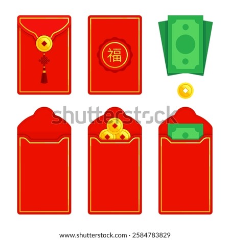 Chinese red envelope (red packet, lai see, hongbao, ang pau, 利是, 红包) with gold coins. Prosperity, good fortune, and Lunar New Year gift concept. Flat vector illustration isolated on white background