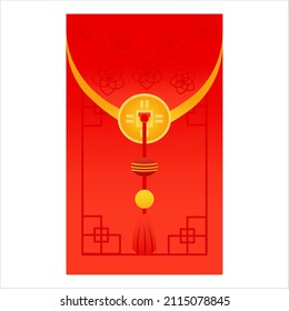 Sobre rojo chino con amuleto o mascota de riqueza aislado en fondo blanco, elemento lunar del año nuevo en estilo de caricatura para tarjeta de saludo o afiche