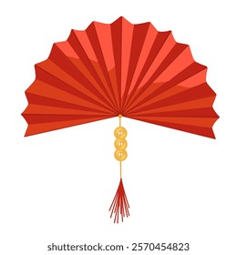 Chinese red fan with lucky coins isolated on white background. Vector hand drawn traditional Lunar New Year illustration. Light festival oriental decoration of china culture. Asian traditions.