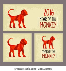Chinese red fire Monkey New Year 2016. Wide and square banners set. Vector polygon illustration for greeting card, poster, web, icon. Old paper texture background.