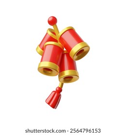 Chinese red firecrackers hanging on a rope with tassel 3D plastic style icon. Realistic Lunar new year explosive pyrotechnics vector element. Traditional petard crackers in bundle isolated