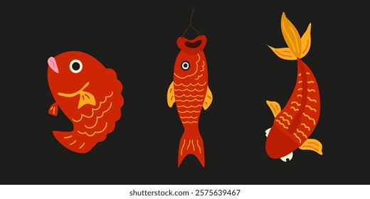 Chinese red fish set. Vector japanese koi carp fish in cartoon doodle style