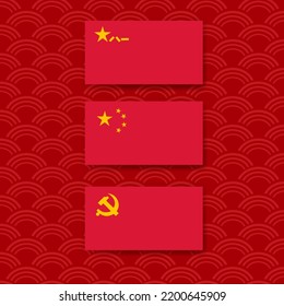 The Chinese Red Flag Of The National Patriotic Holiday On October 1. Three Vector Flags With Communist Signs