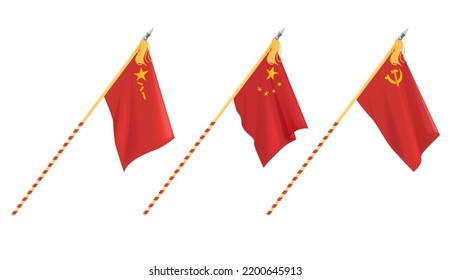 The Chinese Red Flag Of The National Patriotic Holiday On October 1. Three Vector Flags With Communist Signs. Red Flag For October 1