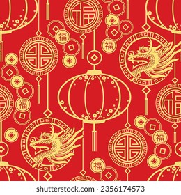 Chinese red and gold lanterns with dragon face. Coins of Happiness and slogan luck, blessing on chinese language. Seamless pattern