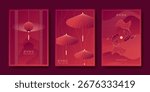 Chinese red gradient poster designs with golden accents for Lunar New Year - lantern with pagoda silhouette, paper umbrellas, koi fish. Traditional patterns and characters for festive celebrations.