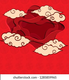 Chinese red greeting card with 3d chinese clouds and background cut out of paper. Vector illustration for card, invitation and your design