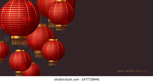 Chinese red hanging lanterns on dark background. Blur effect. Copy space. Empty template for Chinese traditional holidays. Vector.