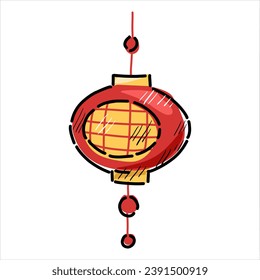 Chinese Red holiday lanterns, festive pendant lamps, Traditional oriental decor with Asian decorations, strings, tassels. Isolated flat vector illustrations 