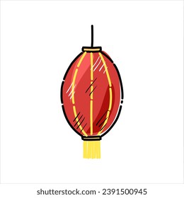 Chinese Red holiday lanterns, festive pendant lamps, Traditional oriental decor with Asian decorations, strings, tassels. Isolated flat vector illustrations 