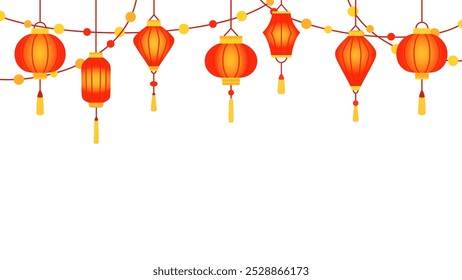 Chinese red holiday lanterns with garland on white background. 
