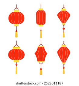 Conjunto de linternas de vacaciones rojas chinas. Diferentes Formas de decoración asiática. Elementos de dibujos animados de diseño en estilo plano. Ilustración vectorial