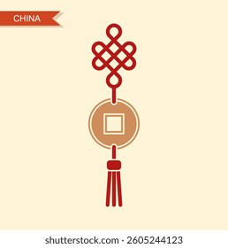 Chinese red knot vector illustration. Chinese traditional symbol. Flat retro style icon