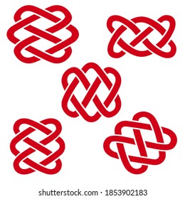 Chinese red knots - different template for design. Traditional asian auspicious symbols. Vector set of 5.