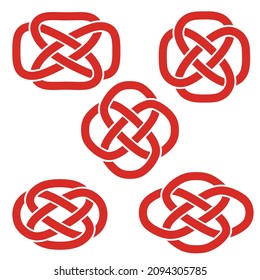 Chinese red knots - double coin. Traditional asian auspicious symbols. Vector set of 5.