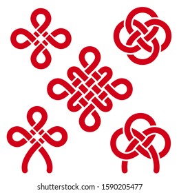 Chinese red knots - flower, pan chang, happy, double coin. Traditional asian auspicious symbols. Vector set of 5.