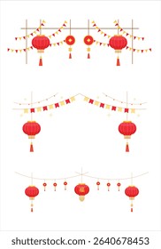 Chinese red lantern decorations with hanging banners, festive lights, and Chinese New Year greetings. Perfect for Lunar New Year celebration designs, greeting cards, posters, and event invitations