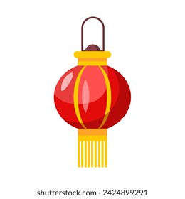 Chinese red lantern with gold decorations. Asian traditional interior decor. Buddhist attributes in temples in Thailand and Vietnam. Vector illustration