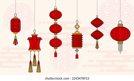 Chinese red lantern set. Hanging paper lamps. Chinese New Year. Asian traditions. Flat vector illustration.