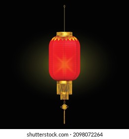 Tassel de linterna roja chino ardiendo con luz brillante y fondo negro iluminante