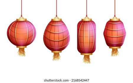 Chinese red lanterns collection for festival or New Year holidays. Oriental lights hanging on isolated white background. Japanese realistic lamps set for traditional design. Vector illustration