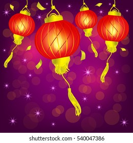Chinese red lanterns with glitter. Vector Chinese New Year greeting card.