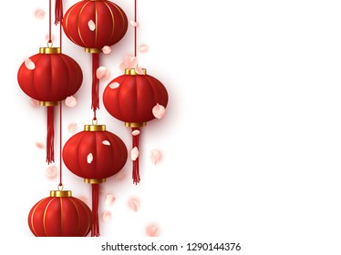 Chinese red lanterns hanging. Falling petals pink flower sakura. Isolated on white background.