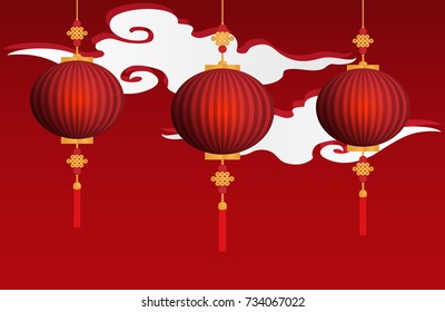 Chinese red lanterns hanging on red background with white cloud. vector illustrator in flat design for Chinese New Year card or background.