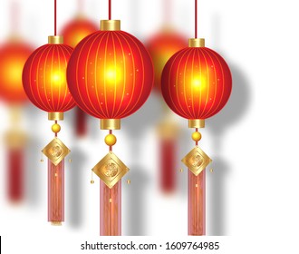 Chinese red lanterns, luxury gold decorative elements. Traditional light festival Asian New Year, Chinese Happy New Year, isolate on white background. Design of holiday greeting card, oriental banner