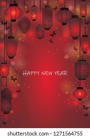 Chinese red lanterns on red background vector for decoration on Chinese new year ans autumn festival.