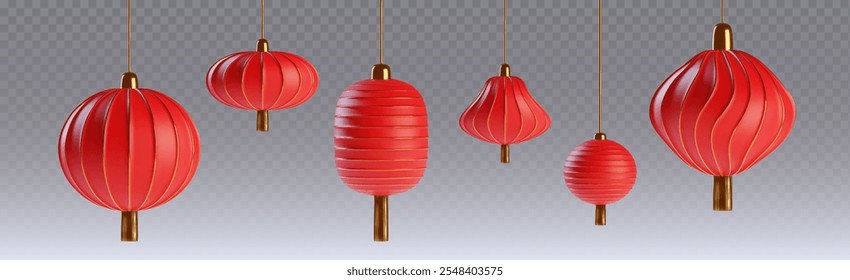 Lanternas vermelhas chinesas colocadas isoladas sobre fundo transparente. Vetor ilustração realista de decorações de papel asiático tradicional com borlas douradas, decoração de Ano Novo, arte festiva, símbolo da sorte