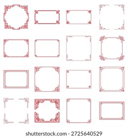 Coleção de quadros lineares em vermelho chinês. Vetor quadrada bordas orientais com nó geométrico padrões para decoração de texto feriado
