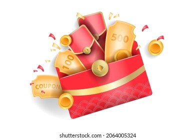 Chinese red lucky envelope, New Year money golden coin vector illustration, 3D gift promo pocket. Special promotion coupon, holiday traditional oriental discount banner. Asian festive lucky envelope