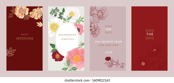 Chinese Red Luxury Social Wedding Invitation, floral invite thank you, rsvp modern card Design in red and gold peony with  leaf greenery  branches decorative Vector elegant rustic template