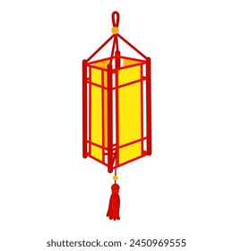 Chinese red paper lantern, reminiscent of cultural richness and festive atmosphere. A festive festival for good luck. Elongated rectangular with red threads. The moon festival. Vector isolated