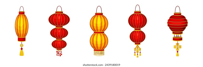 Chinese Red Paper Lantern Traditional Oriental Decoration Vector Set