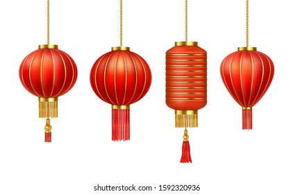Chinese red paper lanterns, China New Year decorations, vector realistic icons. China traditional red paper light lanterns hanging on golden ropes with tassels