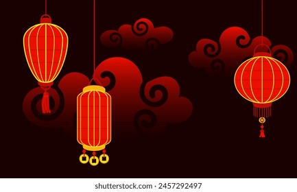 Chinese red paper lanterns hang in a row against a dark cloud background at night, reminding of cultural richness and festive atmosphere. Festive themes, cultural presentations. Moon Festival