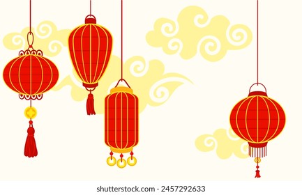 Chinese red paper lanterns hang in a row against of clouds, reminiscent of cultural wealth and a festive atmosphere. A festival for good luck. Festive themes, cultural presentations. Moon Festival